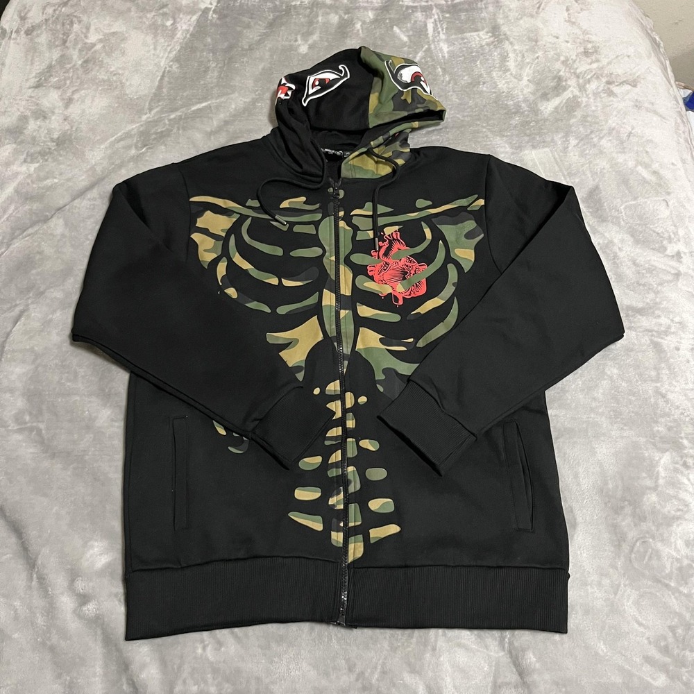 Rebel Vengeance Hoodie Mens Extra Large Black Camo Zip‎ Shark Skeleton Graphic